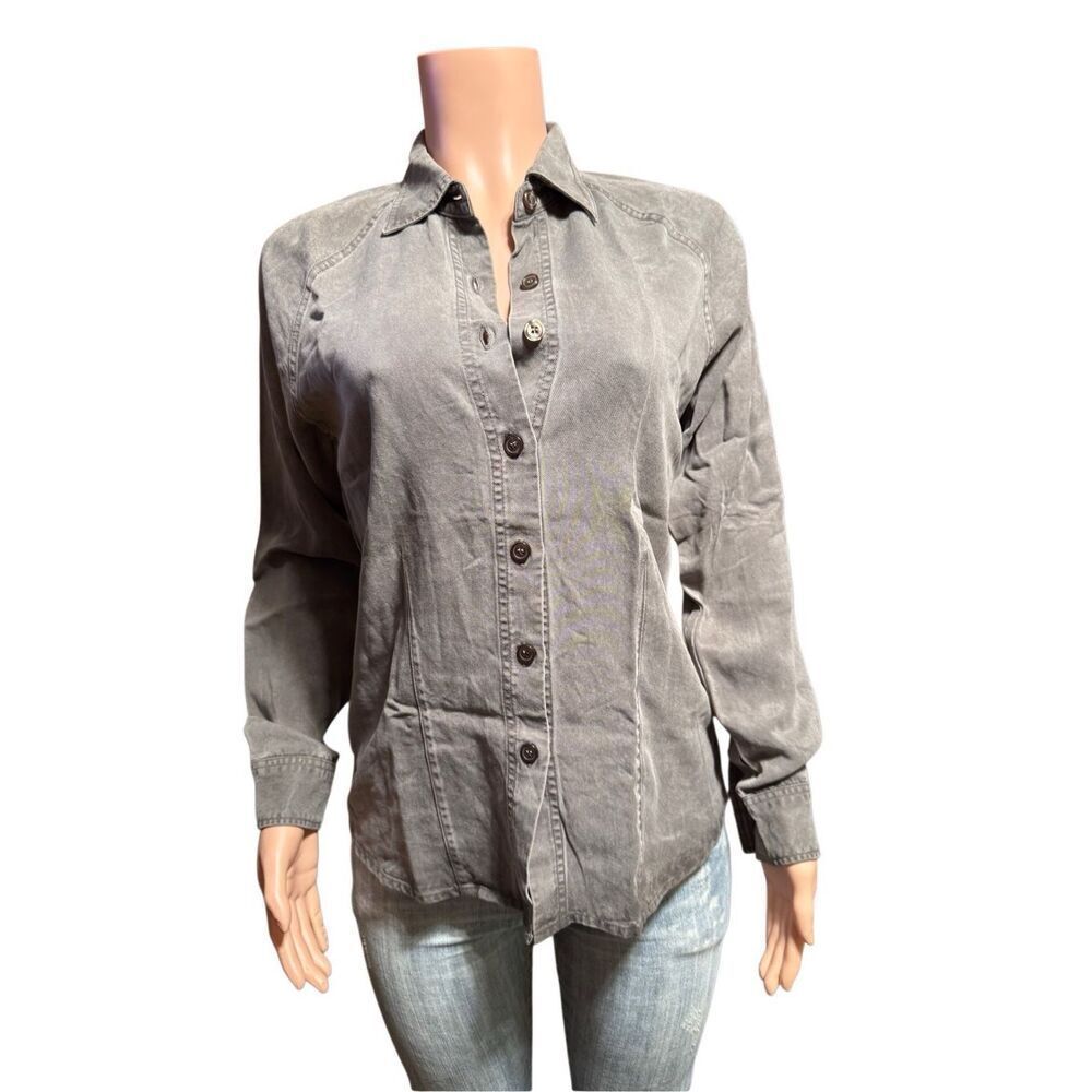 Women raglan long sleeve tencel button-down shirt  top M